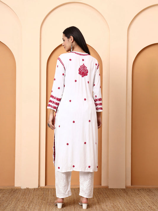 White & Pink Dobby Rayon Embroidered Kurti for Women | Festive Straight Kurta | Elenora Ethnic Wear