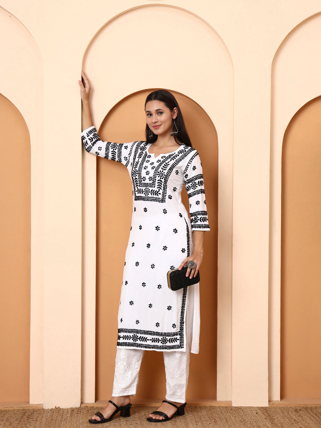 Women’s White Cotton Kurti with Black Embroidery | Handcrafted Ethnic Wear | Daily Wear & Office Wear Straight Kurta
