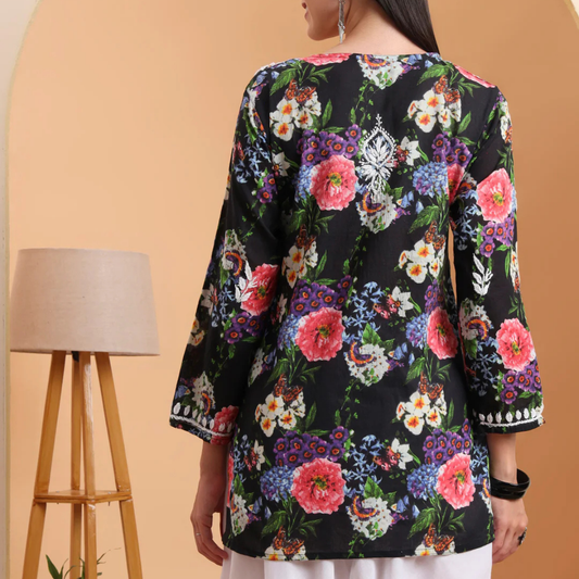 black-floral-printed-rayon-short-kurti