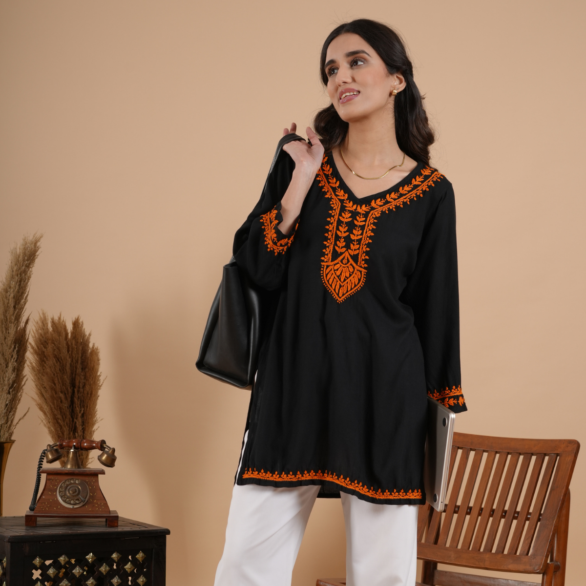 Black Rayon Chikankari Short Kurti