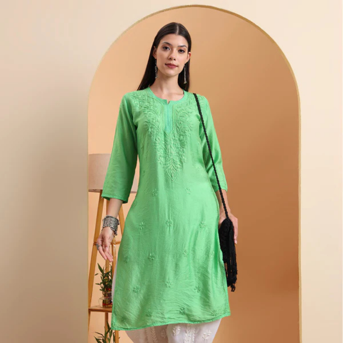 hand-embroidered-chanderi-lucknowi-green-chikankari-kurta