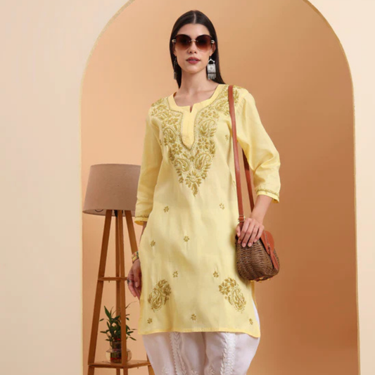 hand-embroidered-khadi-cotton-lucknowi-chikankari-kurta-yellow