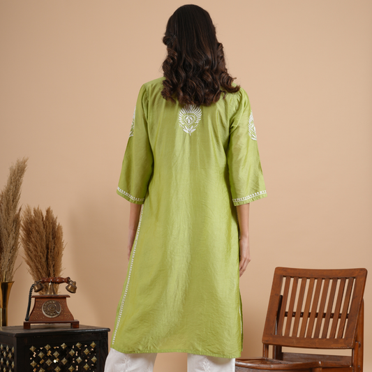 Lime Green Chikankari Chanderi Kurta