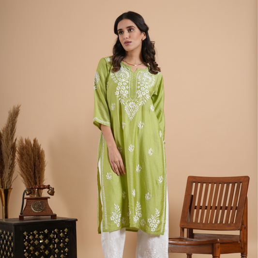 Lime green chikankari chanderi kurta with hand embroidery