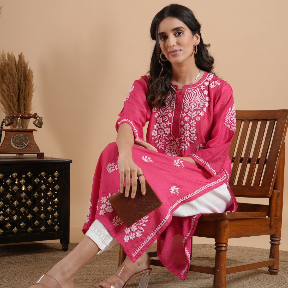 Magenta Pink Chikankari Chanderi Kurta