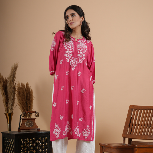 Magenta pink chikankari chanderi kurta with hand embroidery