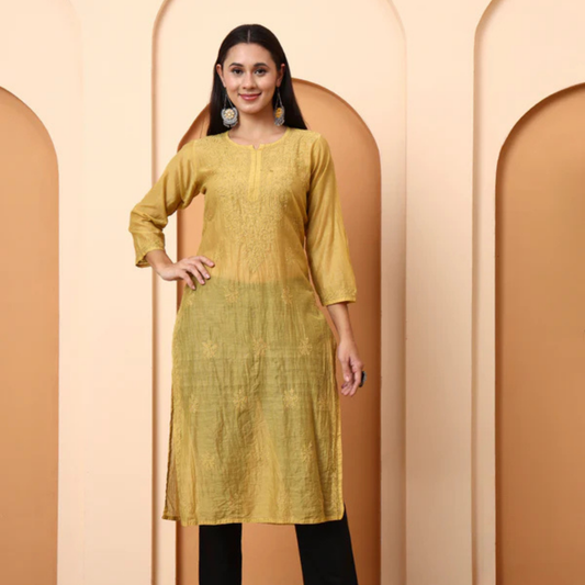 mustard-yellow-chanderi-chikankari-kurti