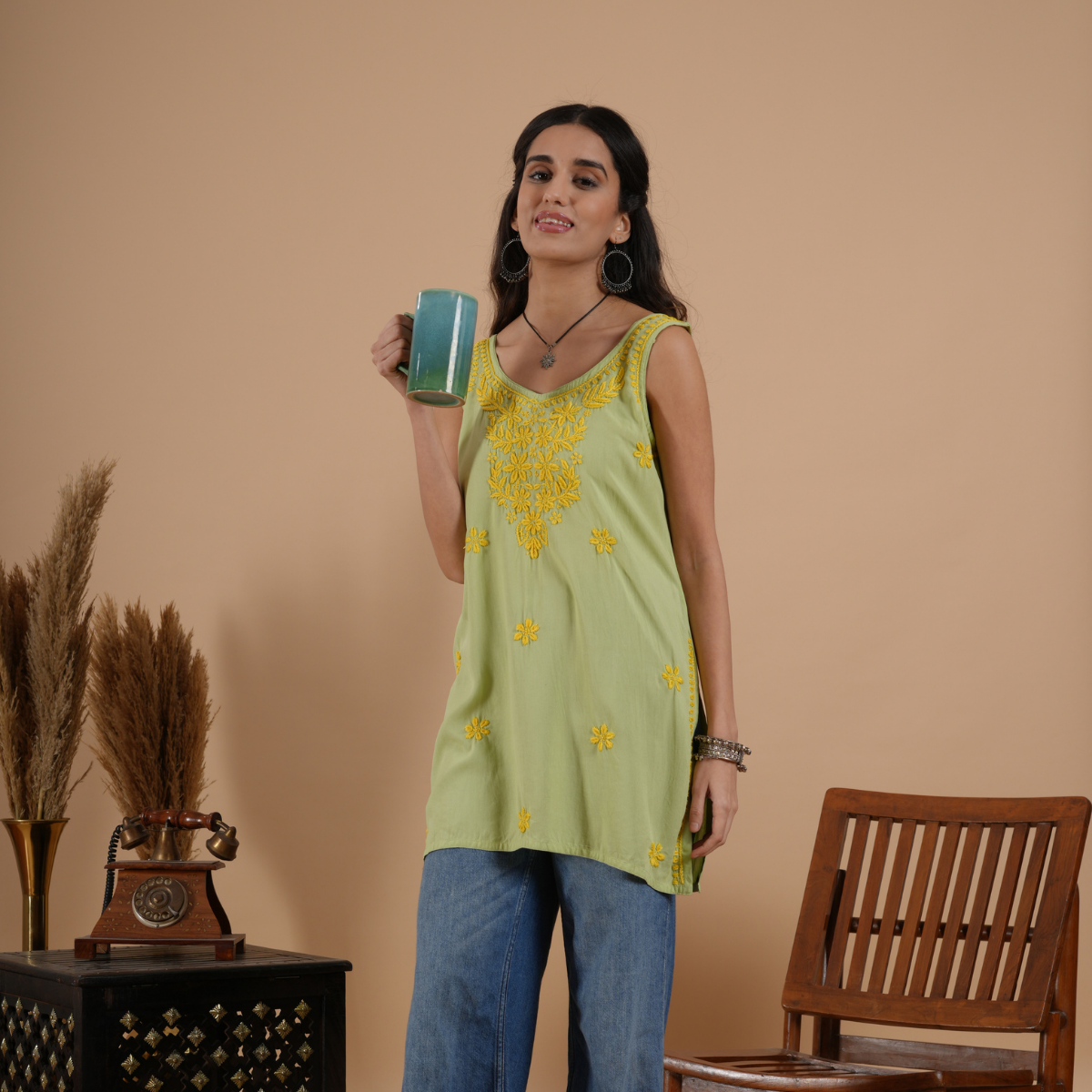 Parrot Green Rayon Chikankari Sleeveless Short Kurti