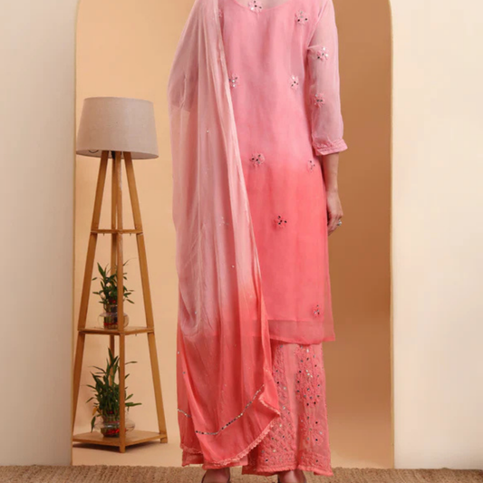 Peach Georgette Chikankari Kurta with Sharara and Dupatta