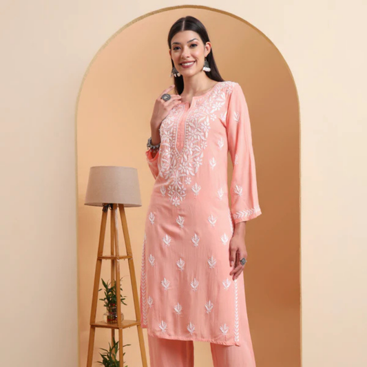 peach-lucknowi-chikankari-rayon-kurta-set