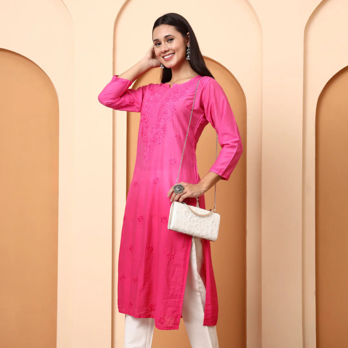 Pink Chanderi 3/4 Sleeves Chikankari Kurti