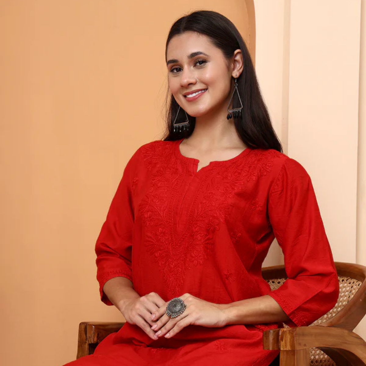 Red Chanderi Chikankari Kurti