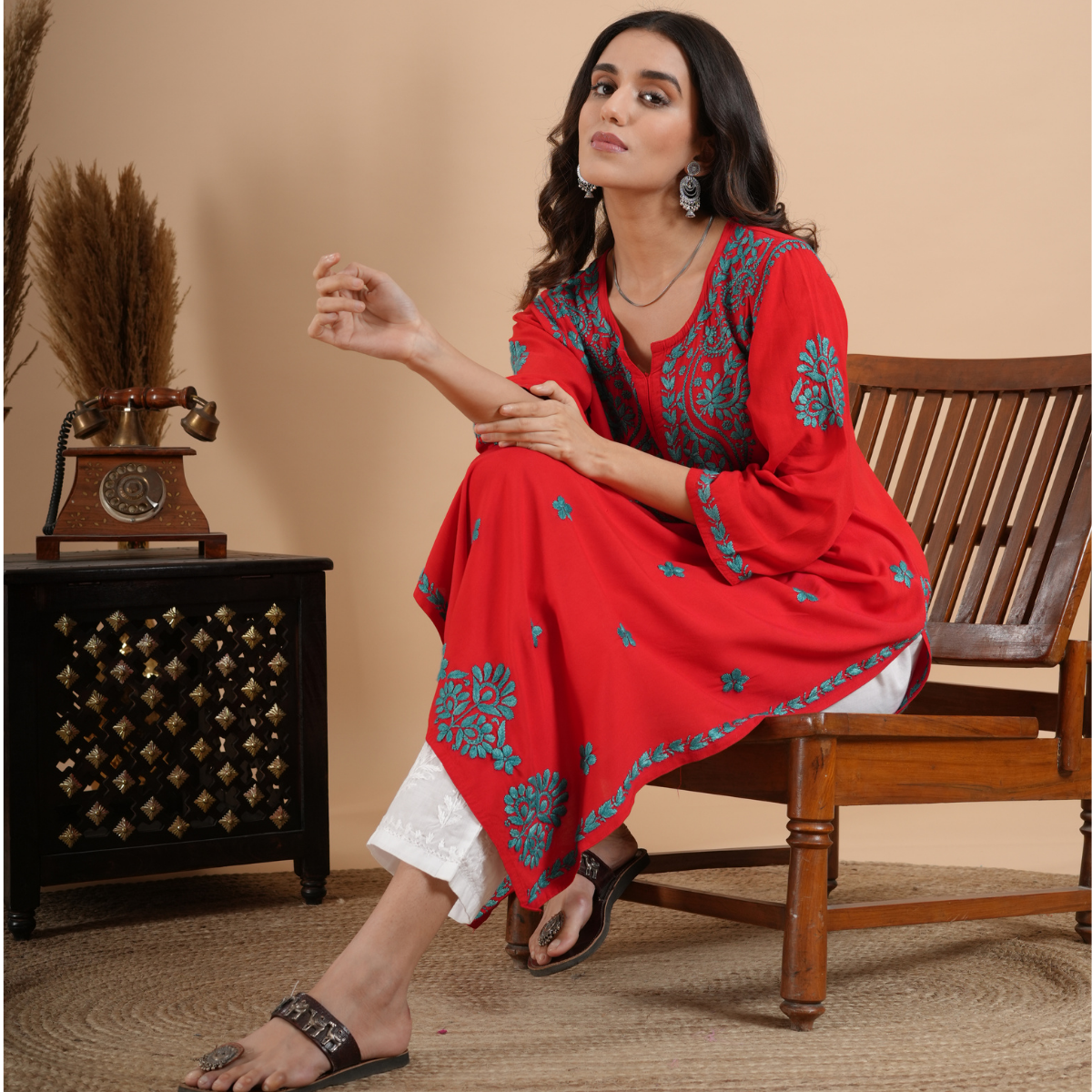 Red Rayon Chikankari Kurta