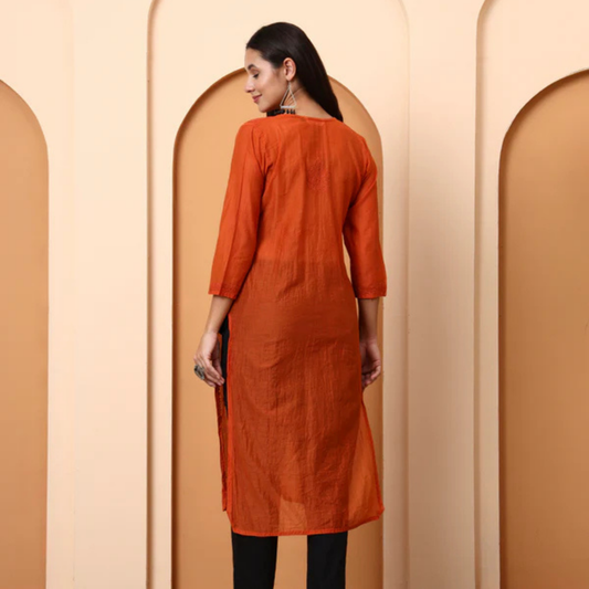 Rust Orange Chanderi Chikankari Kurti
