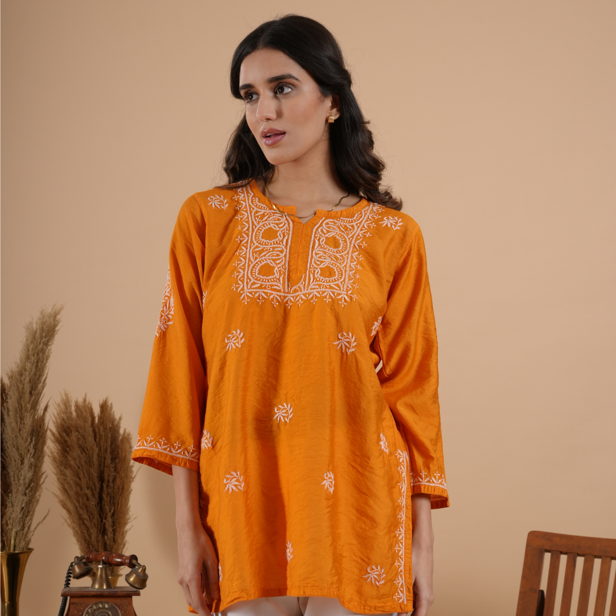Rust Orange Chanderi Chikankari Short Kurti