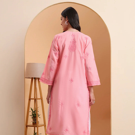Soft Pink Voile Cotton Lucknowi Chikankari Straight Kurti