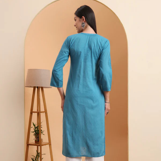 Teal Blue Mulmul Cotton Straight Kurta