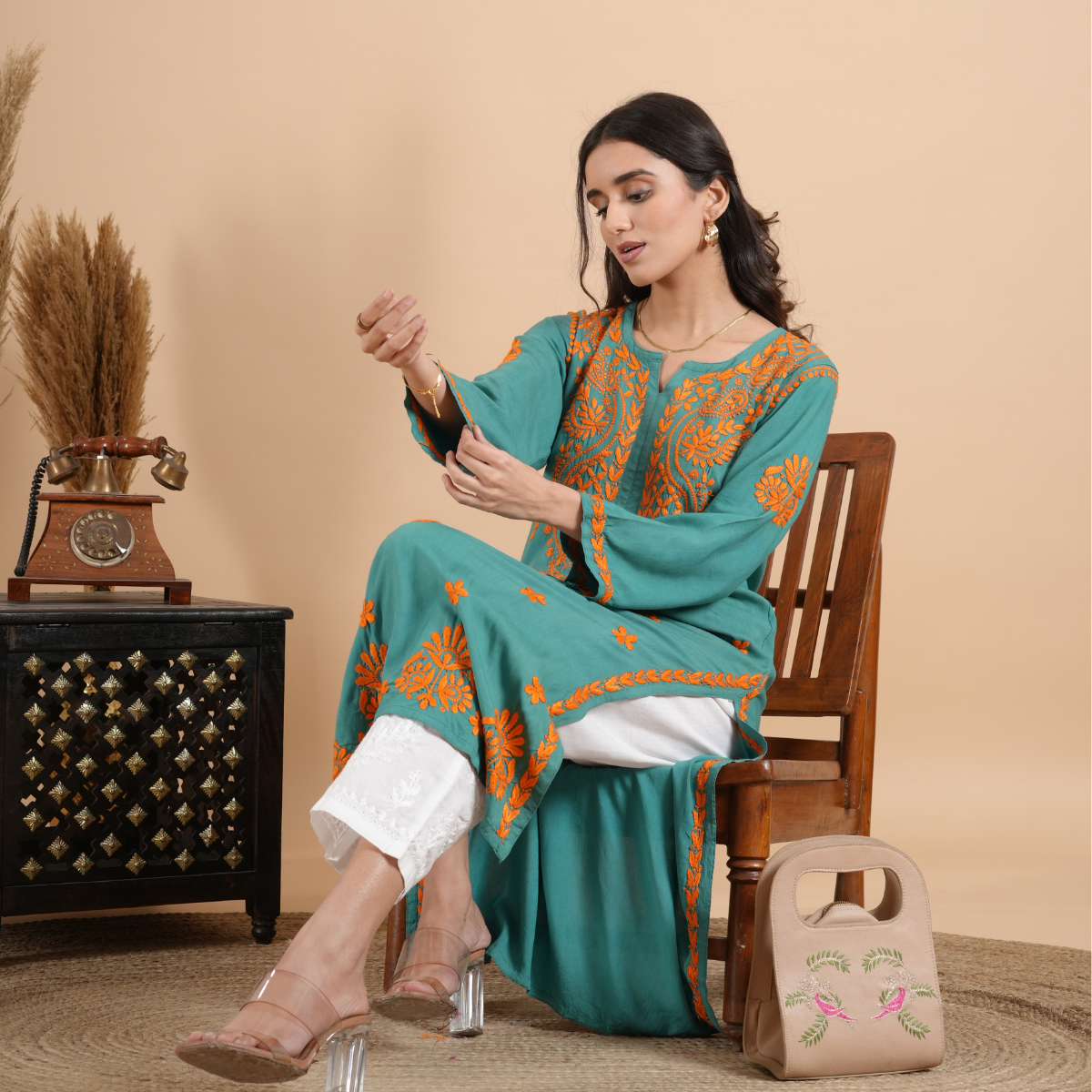 Teal Green Rayon Chikankari Kurta