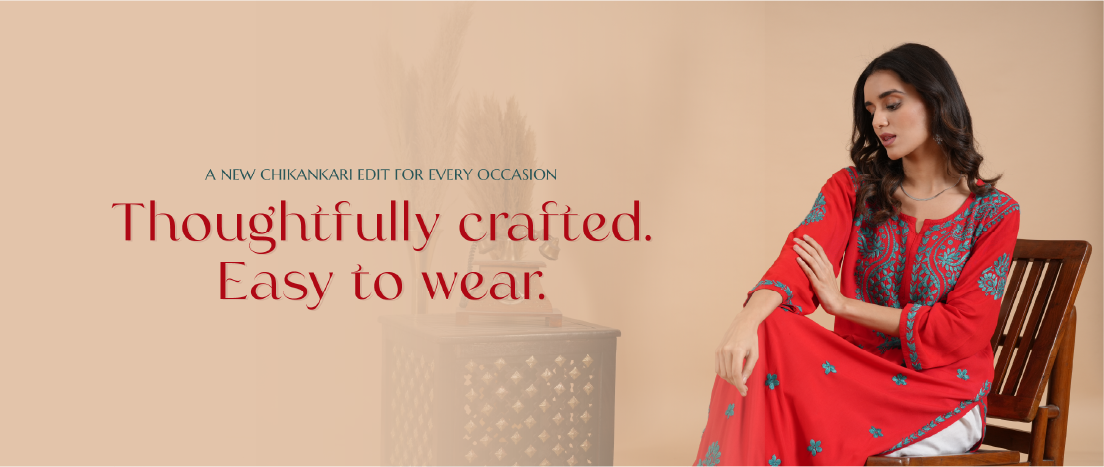 Woman wearing a red traditional outfit with intricate patterns on a beige background, text 'Thoughtfully crafted. Easy to wear.