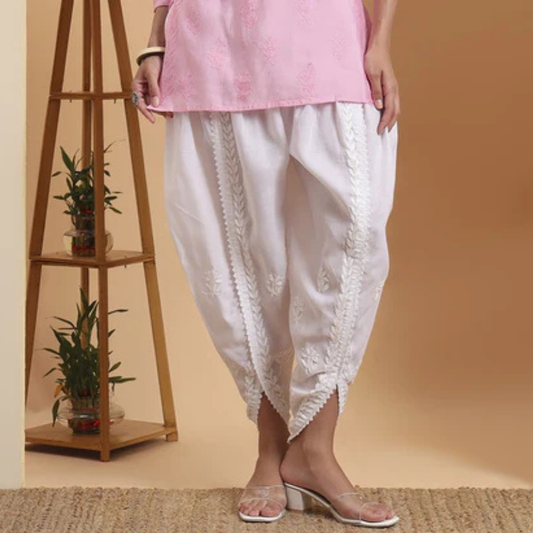 White Cotton Chikankari Embroidered Dhoti Pants