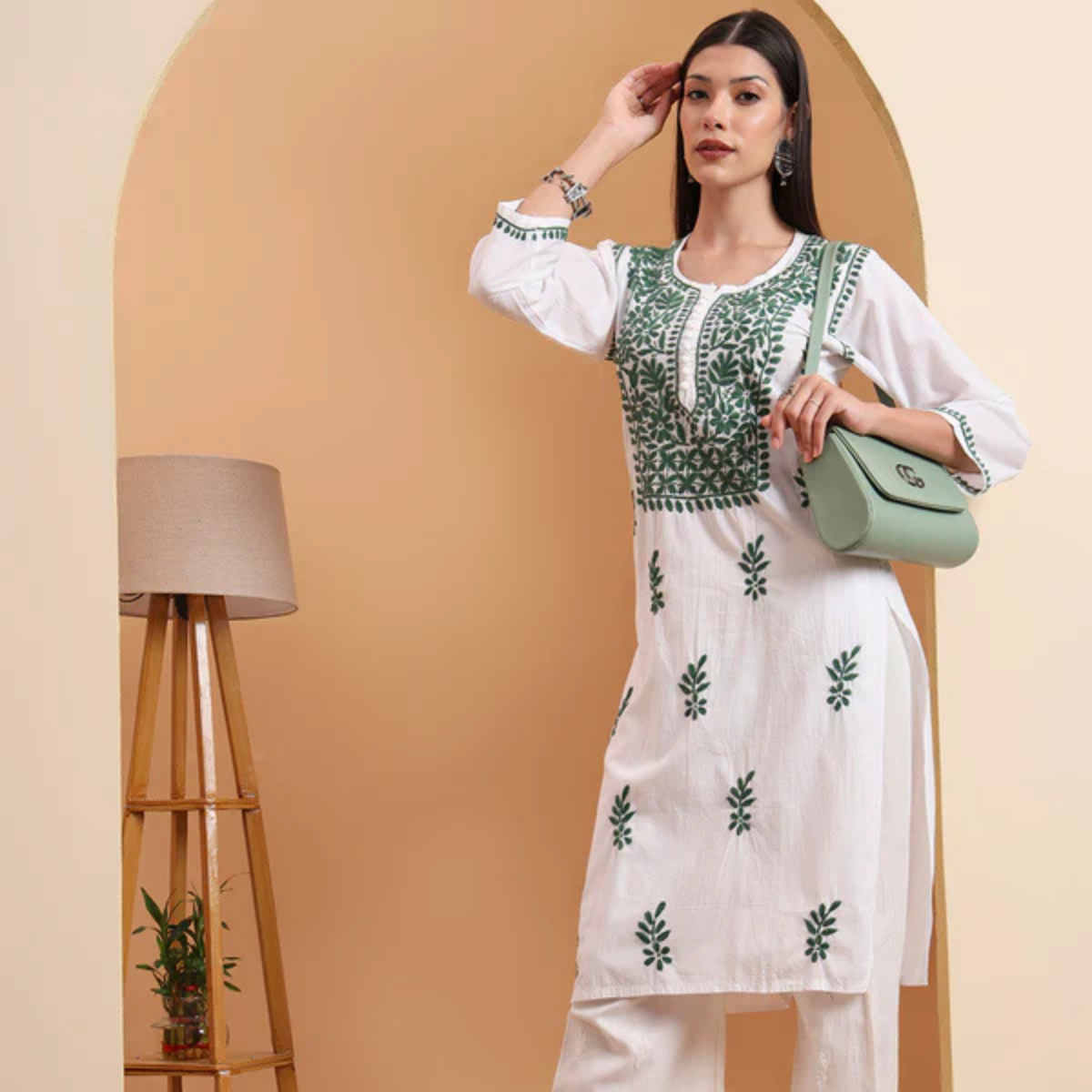 White Cotton Lucknowi Chikankari Kurta with Green Embroidery