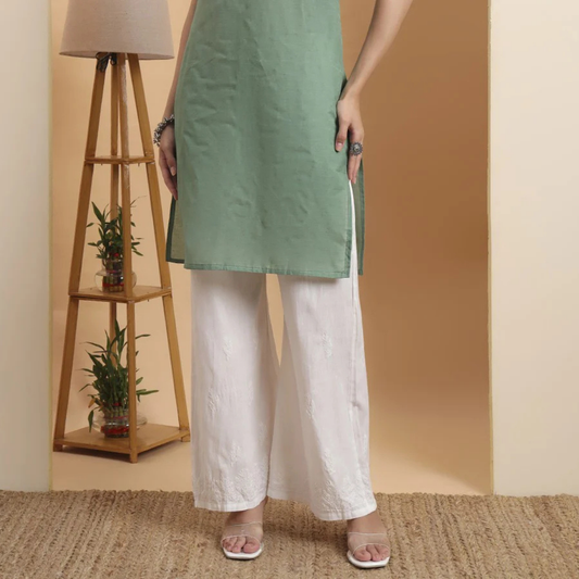 White Cotton Straight Pants with Chikankari Embroidery