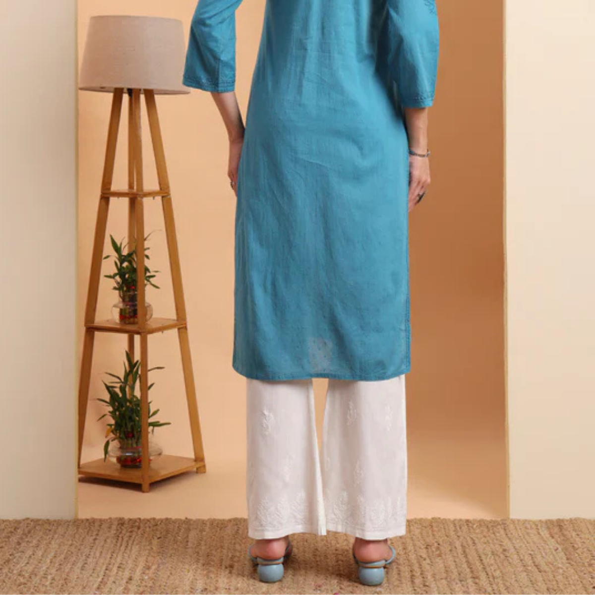 White Cotton Straight Pants with Chikankari Embroidery