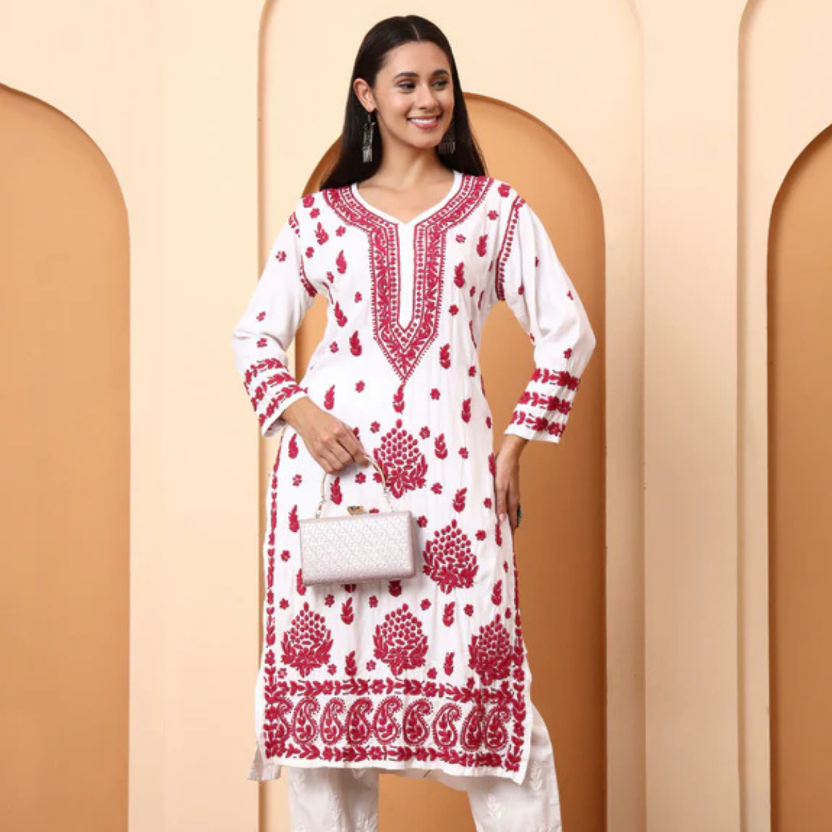 White and Pink Dobby Rayon Embroidered Kurti