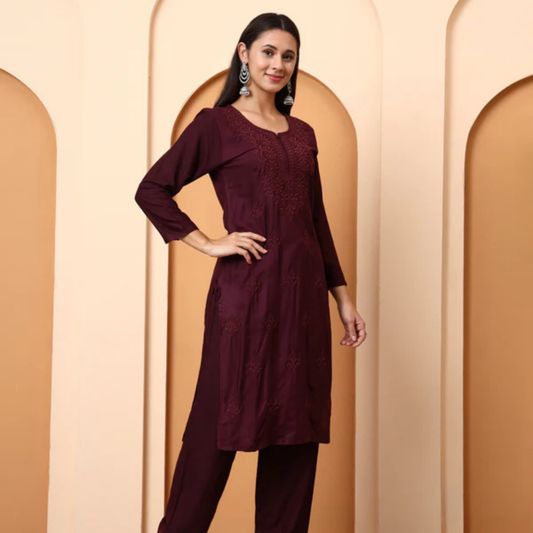 Wine Chikankari Rayon Kurta with Embroidered Pants