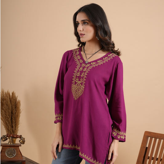 Wine rayon chikankari short kurti for women