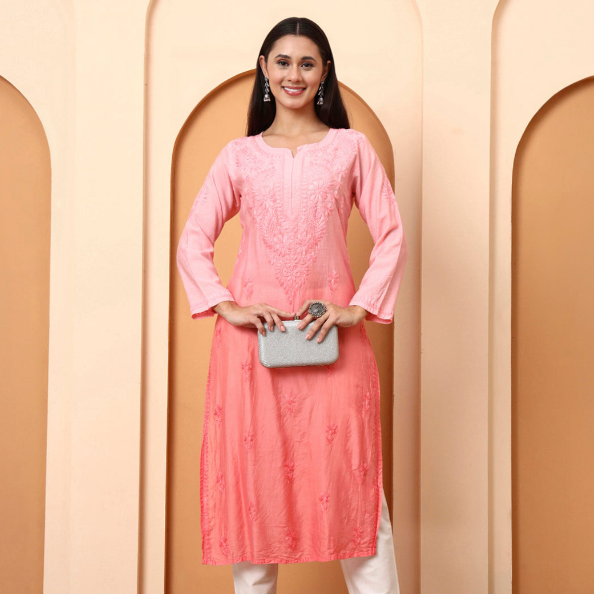 Peach Chanderi Embroidered Kurti