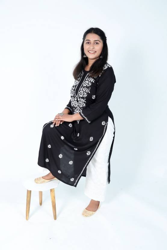 Women Chikan Embroidery Modal Straight Kurta (Black)