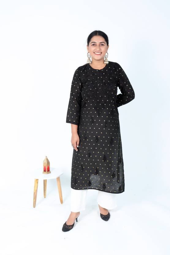 Women Chikan Embroidery Chanderi Straight Kurta  (Black)