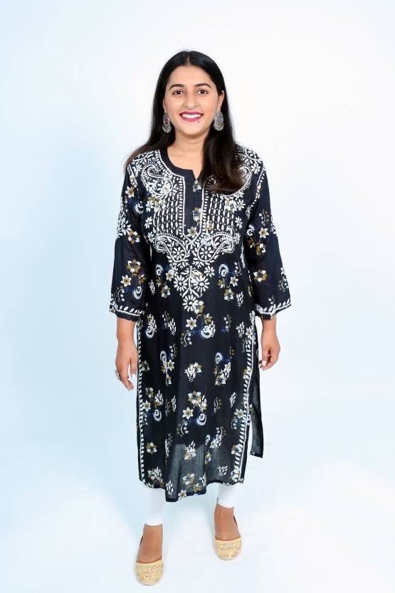 Women Chikan Embroidery Cotton Rayon Straight Kurta  (Black)