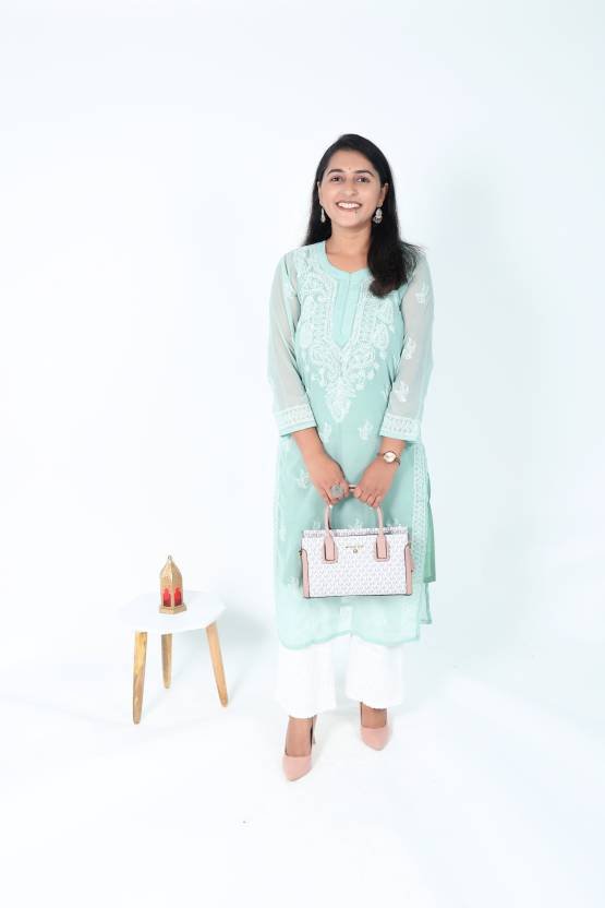 Women Embroidered Georgette Straight Kurta  (Light Blue)