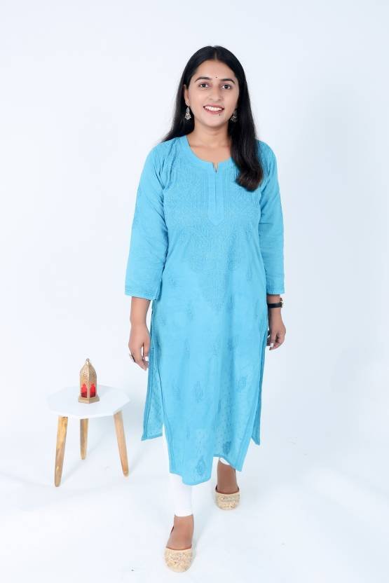 Women Chikan Embroidery Cotton Blend Straight Kurta  (Blue)