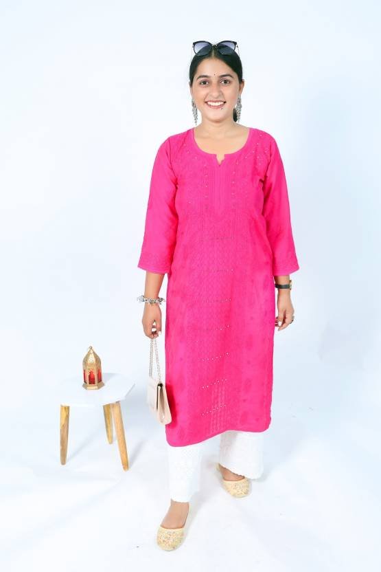 Women Chikan Embroidery Chanderi Straight Kurta  (Pink)