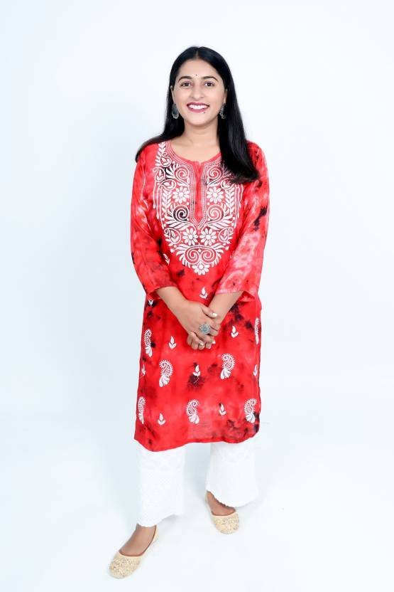 Women Chikan Embroidery Cotton Rayon Straight Kurta  (Red)