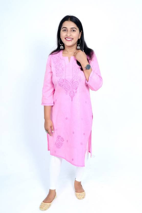 Women Chikan Embroidery Khadi Cotton Straight Kurta  (Pink)