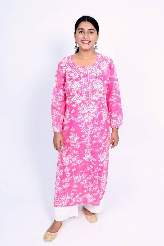 Women Chikan Embroidery Cotton Blend Straight Kurta  (Pink)