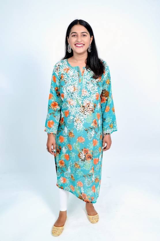 Women Chikan Embroidery Cotton Blend Straight Kurta  (Green)