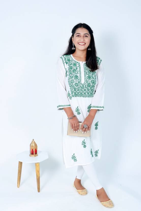 Women Chikan Embroidery Cotton Blend Straight Kurta  (White).