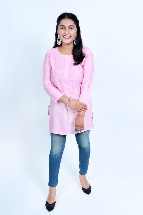 Women Chikan Embroidery Chanderi Cape Top Kurta  (Pink)