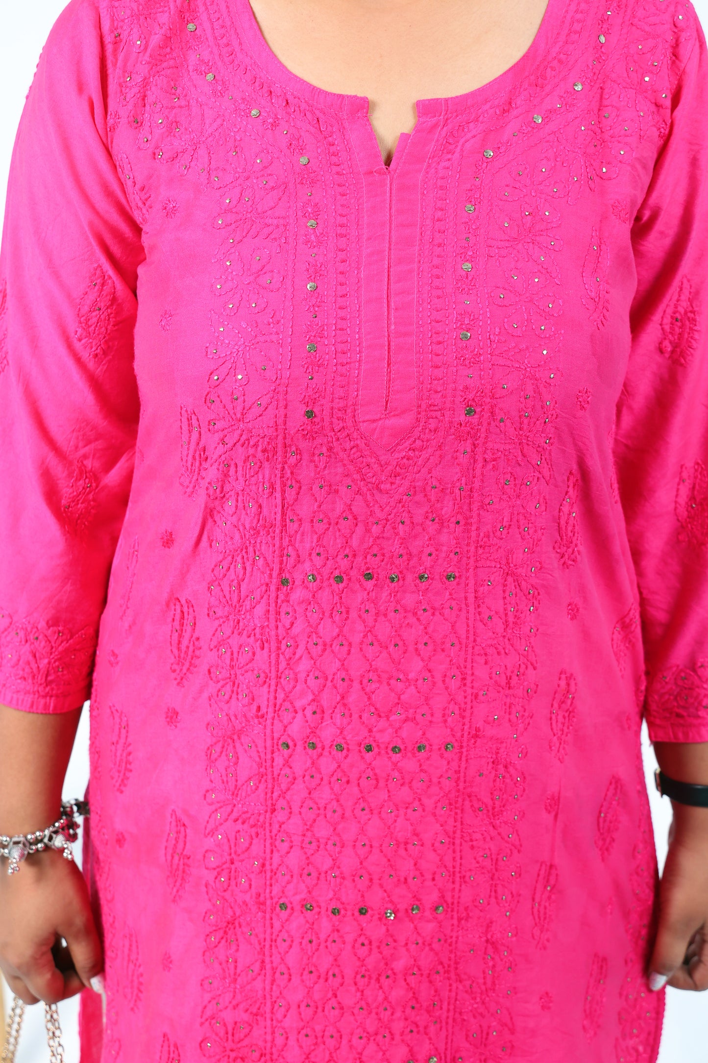 Ethnic Motifs Hand Embroidered Chanderi Lucknowi Chikankari Kurta
