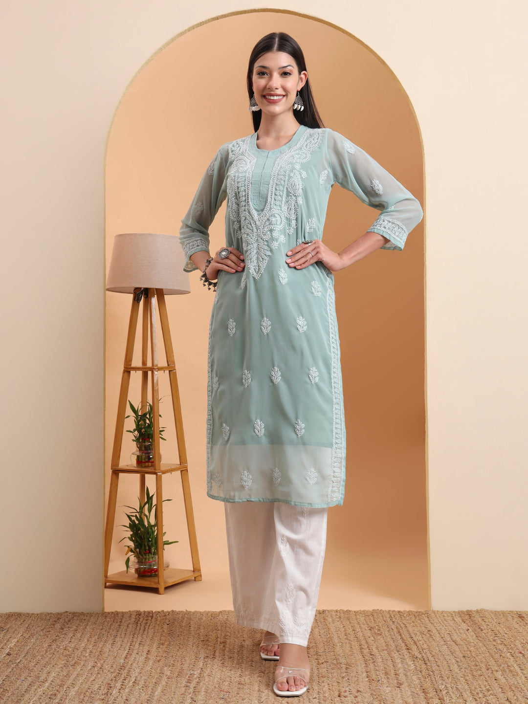 Hand Embroidered Sea Green Georgette Chikankari Kurta with White Cotton Palazzo Set