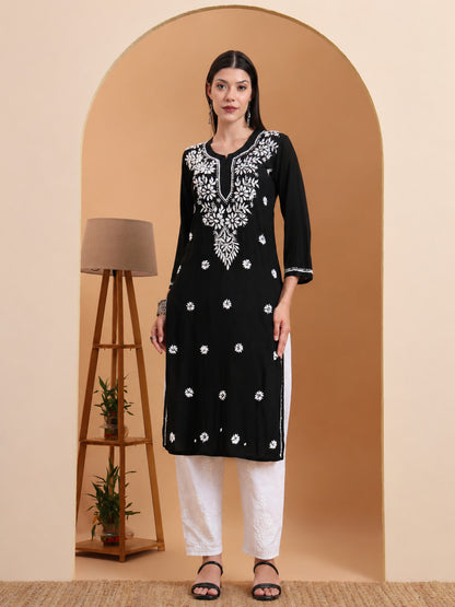 Hand Embroidered Black Modal Chikankari Kurta with White Cotton Palazzo Set