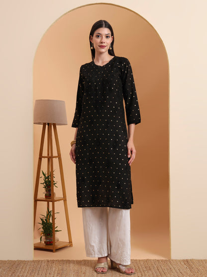 Black Dot Chanderi Work Kurta with White Cotton Palazzo Set