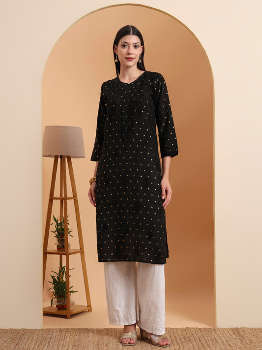 Black Dot Chanderi Work Kurta with White Cotton Palazzo Set