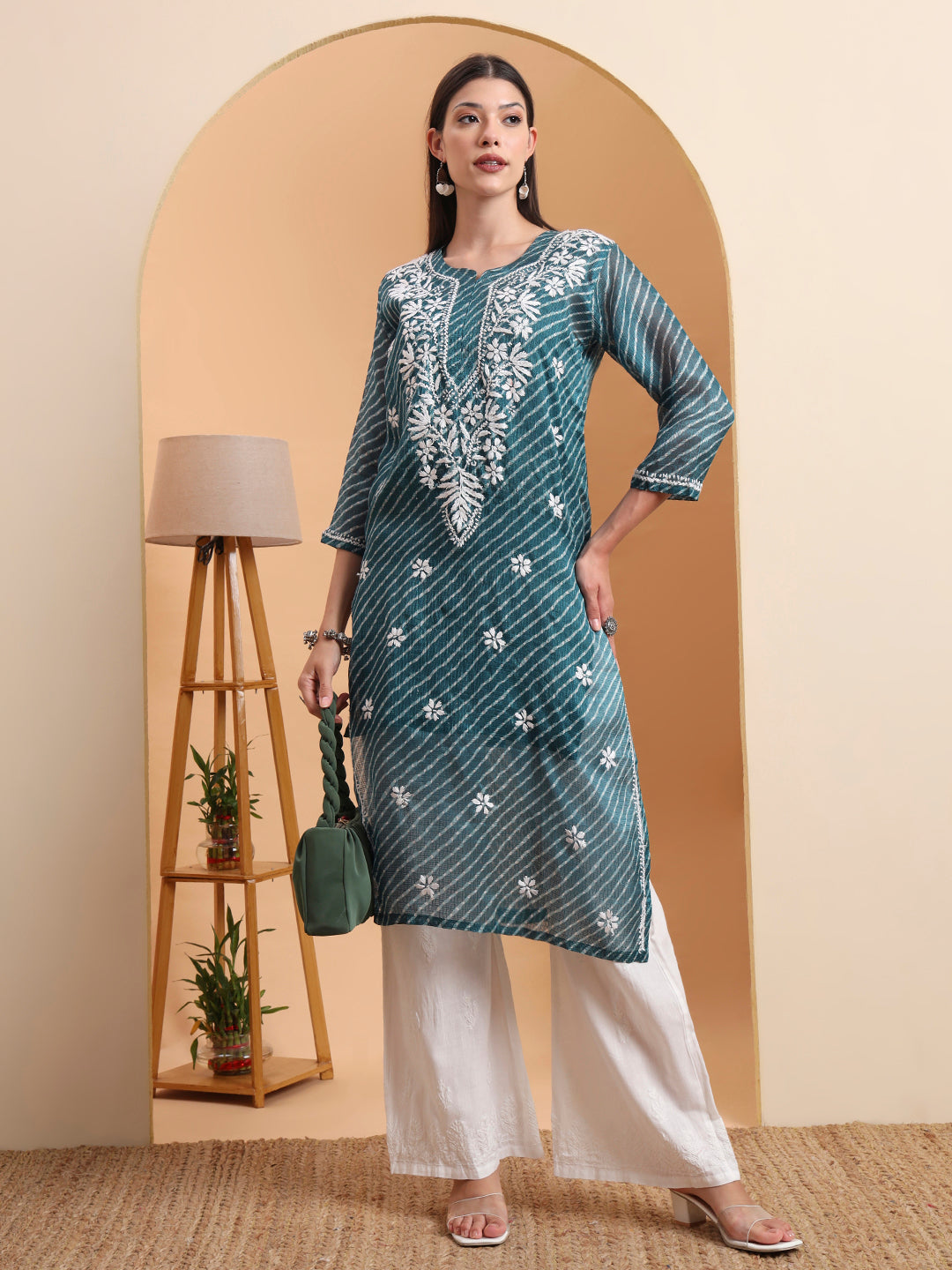 Hand Embroidered Dark Green Leheriya Kota Doria Chikankari Kurta with White Cotton Palazzo Set
