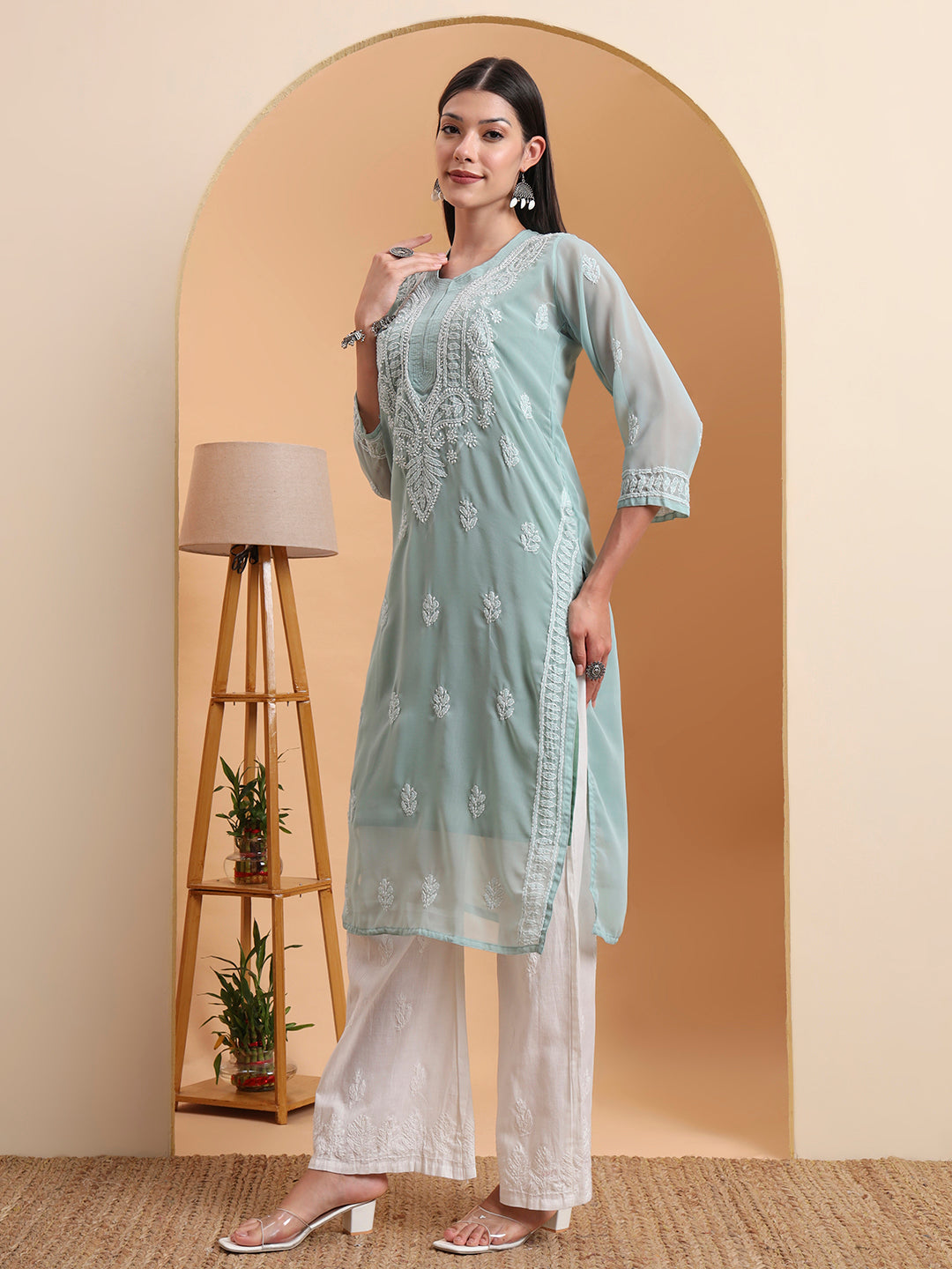 Hand Embroidered Sea Green Georgette Chikankari Kurta with White Cotton Palazzo Set